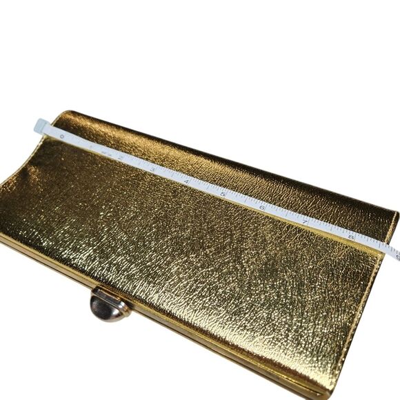 Vintage 60s Leather Gold Clutch Purse Handbag Metallic Chain Handle Envelope MCM - Picture 13 of 16